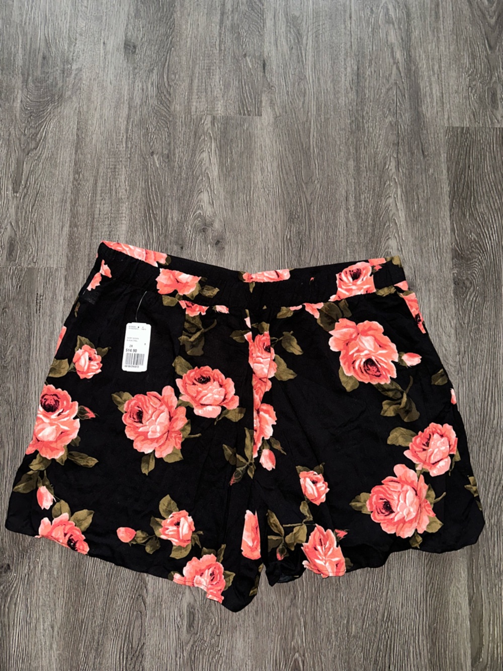 Black Shorts with Coral Pink Floral Print - Picture 2 of 3